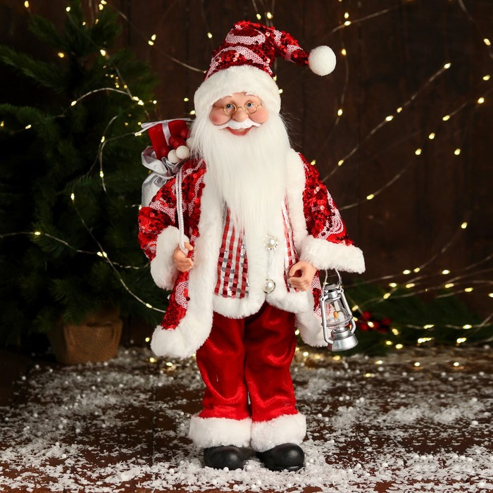 Дед Мороз "В полосатом жилете" музыка шевелит головой, 43 см, красный - фото 1 - id-p211274679