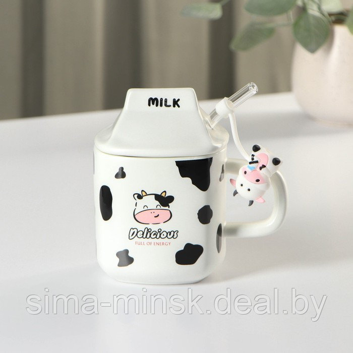 Кружка керамическая с крышкой и трубочкой Milk, 350 мл, цвет белый и чёрный - фото 2 - id-p211278188