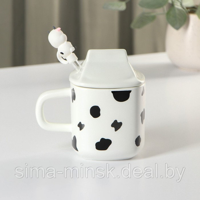 Кружка керамическая с крышкой и трубочкой Milk, 350 мл, цвет белый и чёрный - фото 4 - id-p211278188