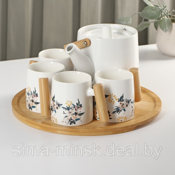 Набор чайный керамический «Сакура», 6 предметов: 4 кружки 250 мл, чайник 1 л, поднос d=29 см, цвет белый - фото 1 - id-p211278221