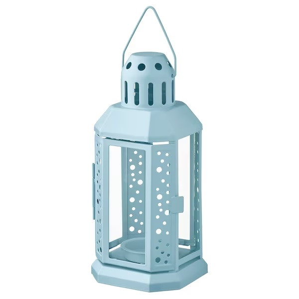 IKEA/ ЭНРУМ Фонарь для греющей свечи для внутреннего и наружного освещения, бледно-голубой,22 см, фото 1