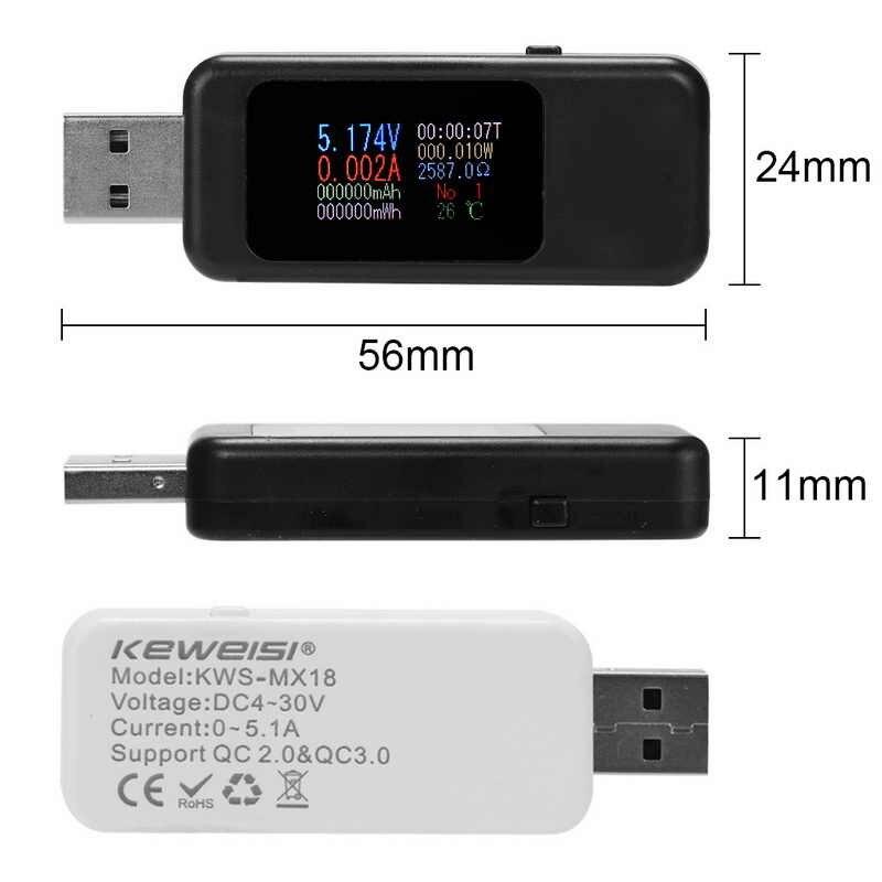 USB тестер Keweisi KWS-MX18L цветной экран, 4-30V, 5A, QC2.0/3.0, измеритель ёмкости - фото 2 - id-p211344755