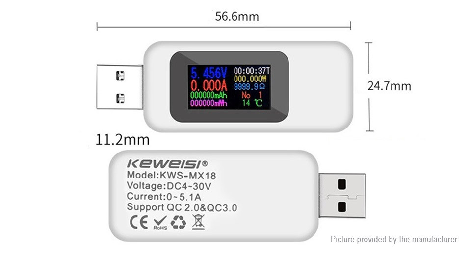 USB тестер Keweisi KWS-MX18L цветной экран, 4-30V, 5A, QC2.0/3.0, измеритель ёмкости - фото 1 - id-p211344755