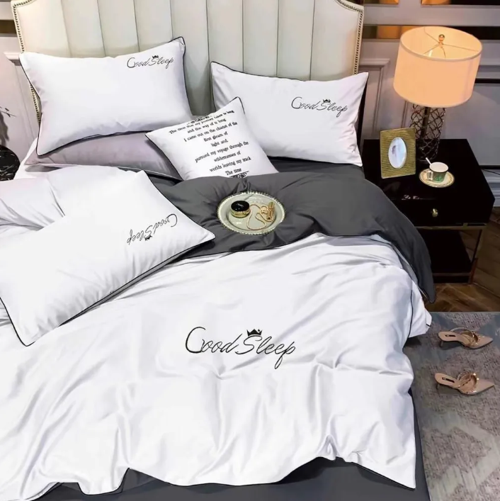 Комплект постельного белья Good Sleep Премиум, Жатка .Евро размер. Белый + коричневый/серый - фото 1 - id-p211397703