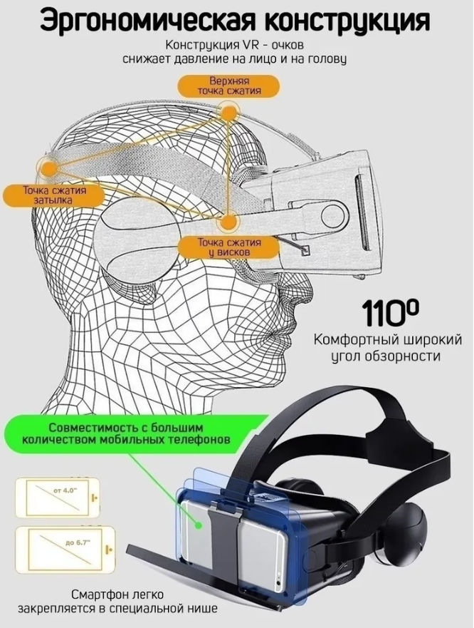 Очки виртуальной реальности 3 D VR Shinecon 6.0 с наушниками Белые - фото 7 - id-p127725546