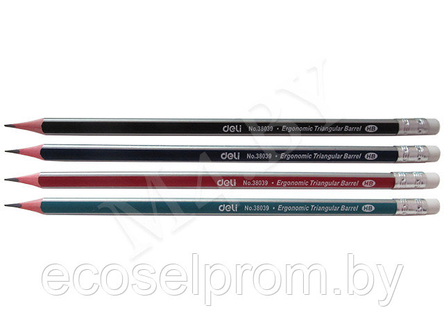 Карандаш НВ трехгранный, с ластиком, Deli