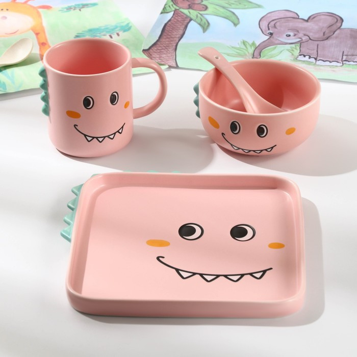 Набор детской посуды из керамики «Дино», 4 предмета: блюдо 19,5×20,5 см, миска 350 мл, кружка 350 мл, ложка, - фото 1 - id-p211523194