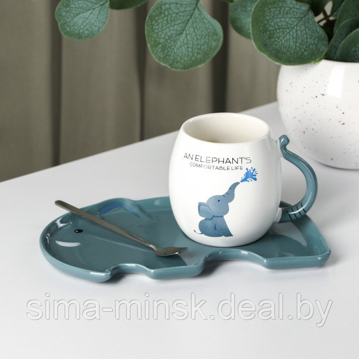 Чайная пара керамическая «Слоник», 2 предмета: кружка с ложкой 220 мл, блюдце 19×12,5 см - фото 1 - id-p211524788