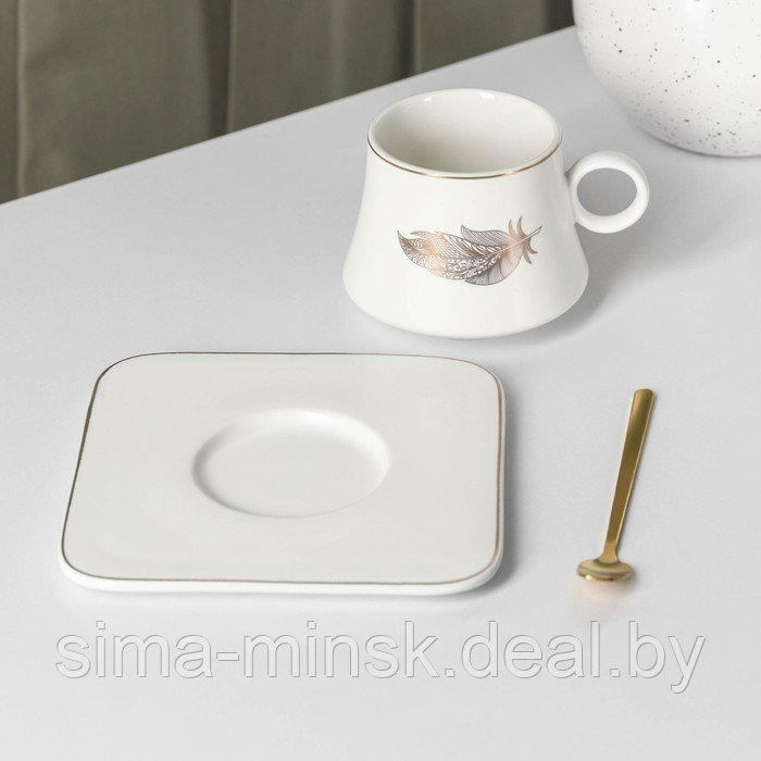 Чайная пара керамическая «Лист», 2 предмета: кружка с ложкой 180 мл, блюдце d=13,5 см, цвет белый - фото 2 - id-p211524815