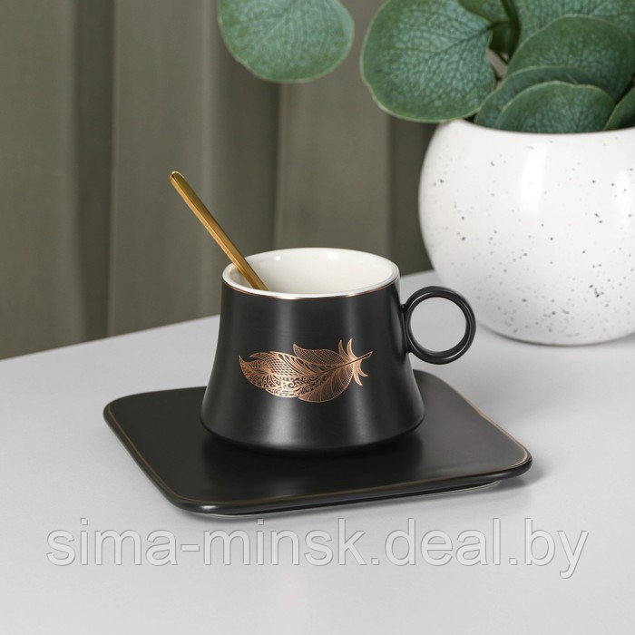Чайная пара керамическая «Лист», 2 предмета: кружка с ложкой 180 мл, блюдце d=13,5 см, цвет чёрный - фото 1 - id-p211524816