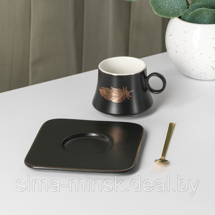Чайная пара керамическая «Лист», 2 предмета: кружка с ложкой 180 мл, блюдце d=13,5 см, цвет чёрный - фото 2 - id-p211524816