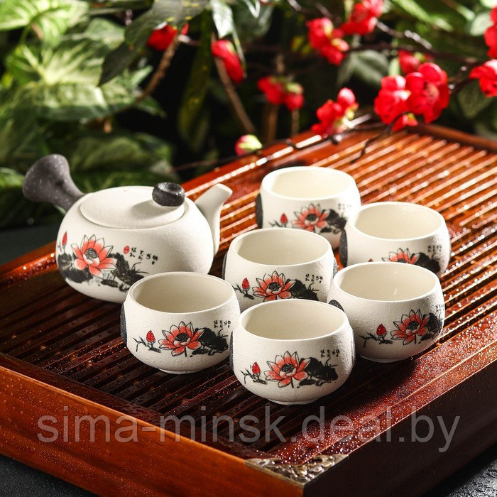 Набор для чайной церемонии керамический «Нежный цветок», 7 предметов: чайник 180 мл, 6 чашек 70 мл, цвет белый - фото 1 - id-p211524841