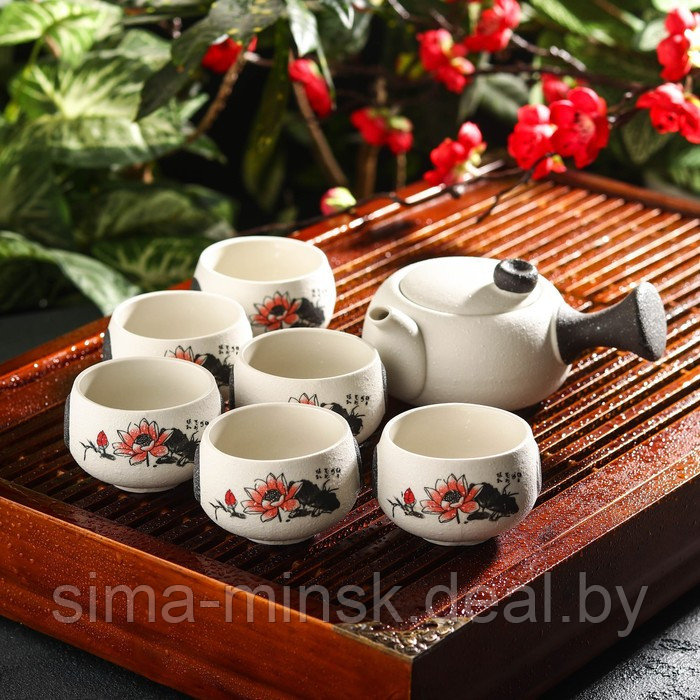 Набор для чайной церемонии керамический «Нежный цветок», 7 предметов: чайник 180 мл, 6 чашек 70 мл, цвет белый - фото 2 - id-p211524841