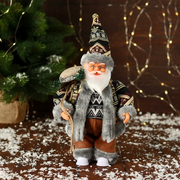 Дед Мороз "В тёплом костюме, с подарками" двигается, 24 см, серый - фото 1 - id-p211524541