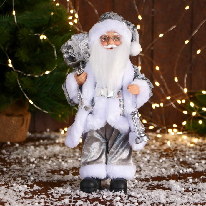 Дед Мороз "В костюме с пайетками и с фонарём" 30 см, серебро - фото 1 - id-p211524552