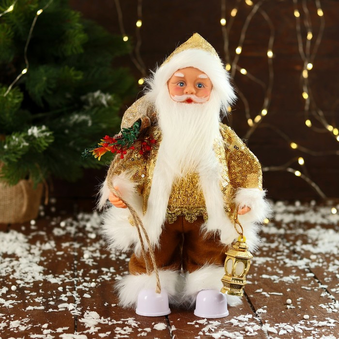 Дед Мороз "В костюме с пайетками, с фонариком" двигается, с подсветкой, 28 см, золото - фото 1 - id-p211524557