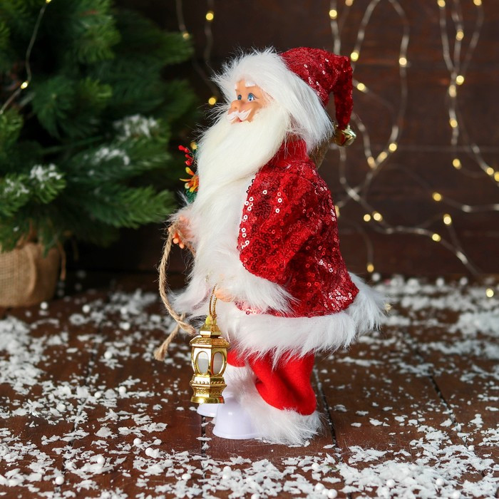 Дед Мороз "В костюме с пайетками, с фонариком" двигается, с подсветкой, 28 см, красный - фото 4 - id-p211524558
