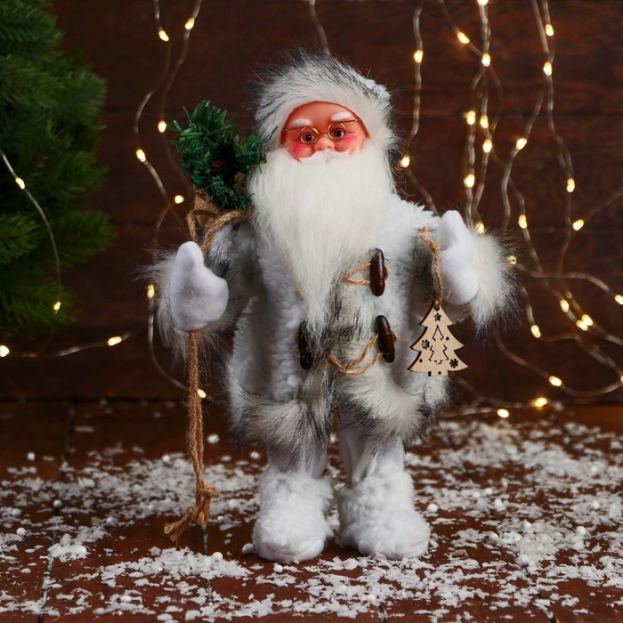 Дед Мороз "С кудрявой бородой, в меховом костюме" 28 см, белый - фото 1 - id-p211524565
