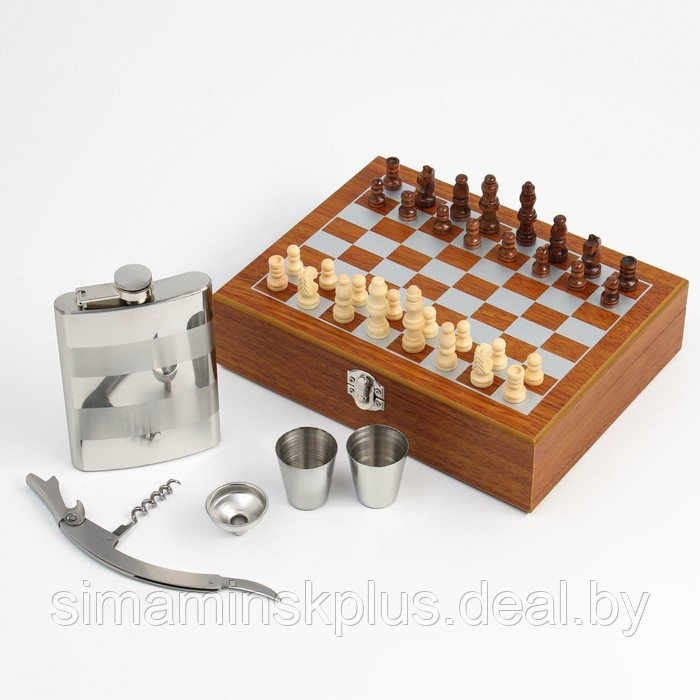 Набор 6 в 1: фляжка 8 oz, воронка, штопор, 2 стопки, шахматы - фото 1 - id-p211530515
