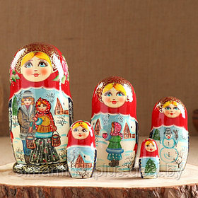 Матрёшка «Парочка», красный  платок,5 кукольная,  люкс