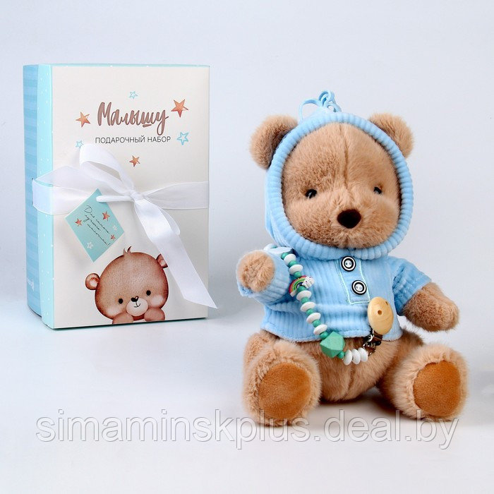 Подарочный набор: мягкая игрушка «Медвежонок» + держатель для пустышки, голубой - фото 3 - id-p211542103
