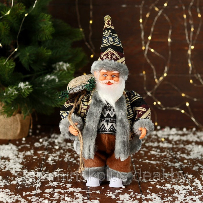 Дед Мороз "В тёплом костюме, с подарками" двигается, 24 см, серый - фото 1 - id-p211542894