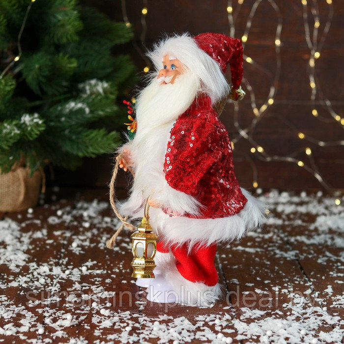 Дед Мороз "В костюме с пайетками, с фонариком" двигается, с подсветкой, 28 см, красный - фото 4 - id-p211542920