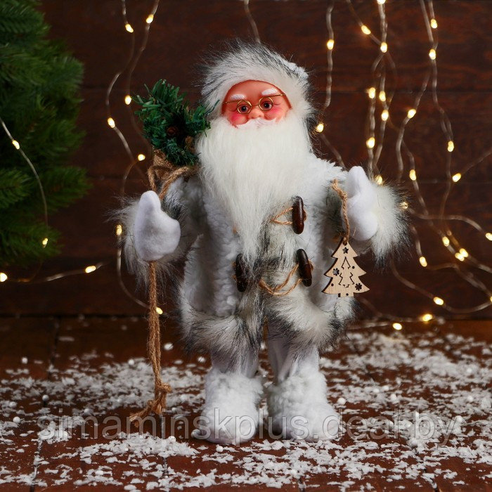 Дед Мороз "С кудрявой бородой, в меховом костюме" 28 см, белый - фото 1 - id-p211542929
