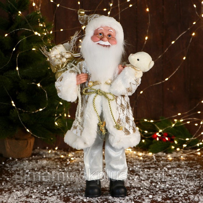 Дед Мороз "В узорчатом кафтане" музыка шевелит головой, 43 см, бело-золотой - фото 1 - id-p211542988