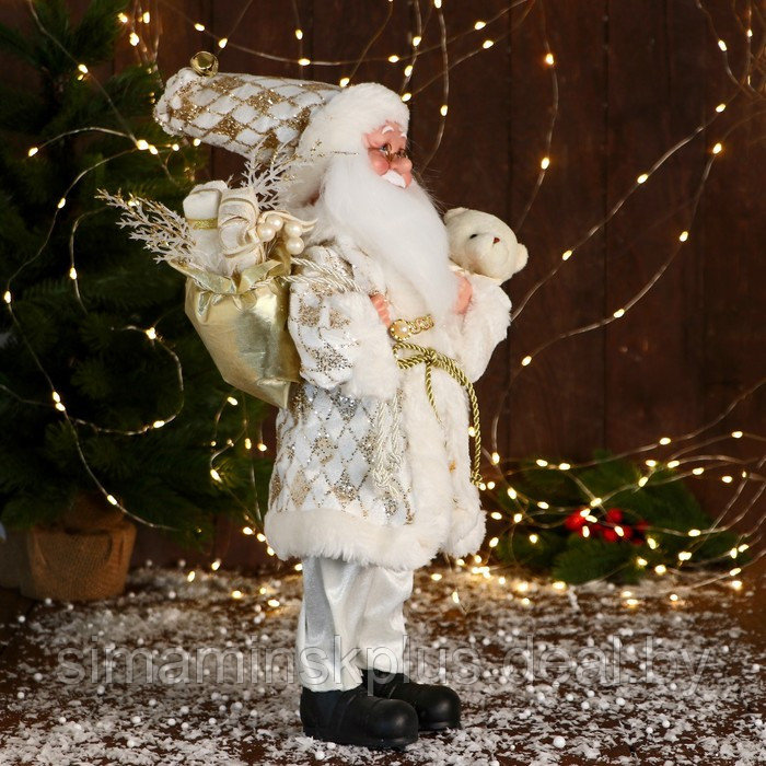 Дед Мороз "В узорчатом кафтане" музыка шевелит головой, 43 см, бело-золотой - фото 2 - id-p211542988