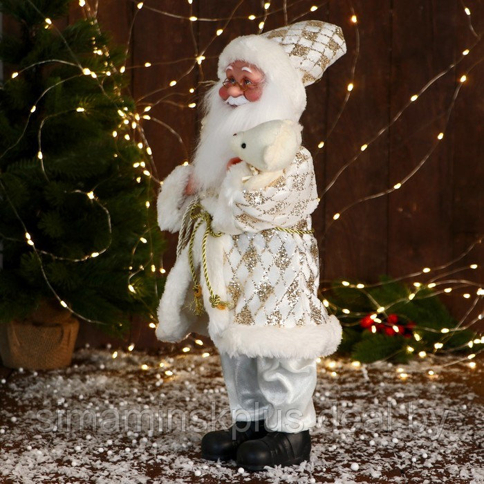 Дед Мороз "В узорчатом кафтане" музыка шевелит головой, 43 см, бело-золотой - фото 4 - id-p211542988