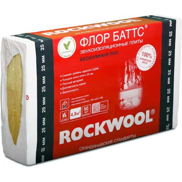 Теплоизоляция ROCKWOOL Флор Баттс 25х600х1000 (7,2 м2/уп.) звукоизоляция/шумоизоляция пола
