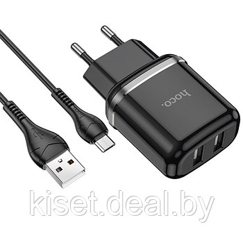 Сетевое зарядное устройство HOCO N4 2.4A 2USB черный + кабель microUSB