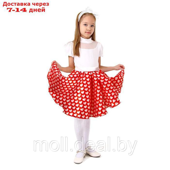 Карнавальный набор"Стиляги3"юбка красная с белыми сердцами,пояс,повязка,рост134-140
