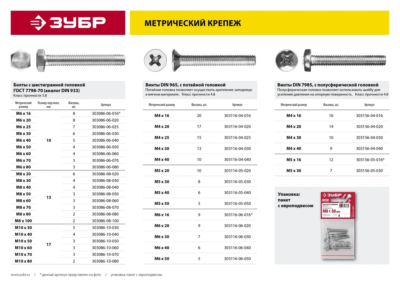 ЗУБР DIN 965, M5 x 20 мм, кл. пр. 4.8, винт с потайной головкой, цинк, 10 шт (303116-05-020) - фото 1 - id-p211728247