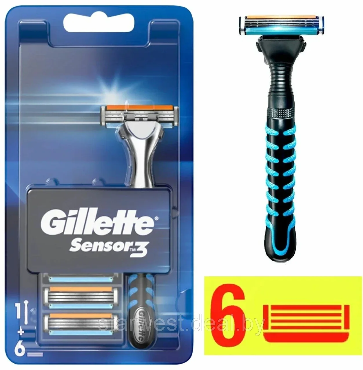 Gillette Sensor 3 с 6 кассетами Бритва / Станок для бритья мужской - фото 1 - id-p211870416