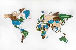 Карта мира. Деревянный пазл Woodary многоуровневый на стену (цветной)