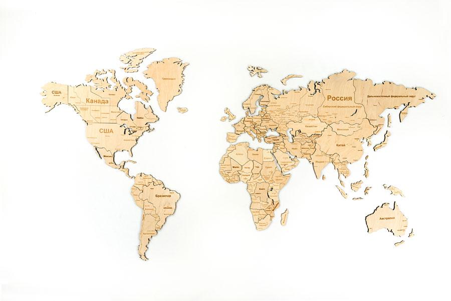 Карта мира. Деревянный пазл Woodary многоуровневый на стену (натуральный)