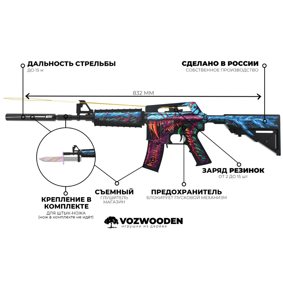 Деревянный автомат VozWooden M4A1-S Active Скоростной Зверь (резинкострел) - фото 4 - id-p211951605