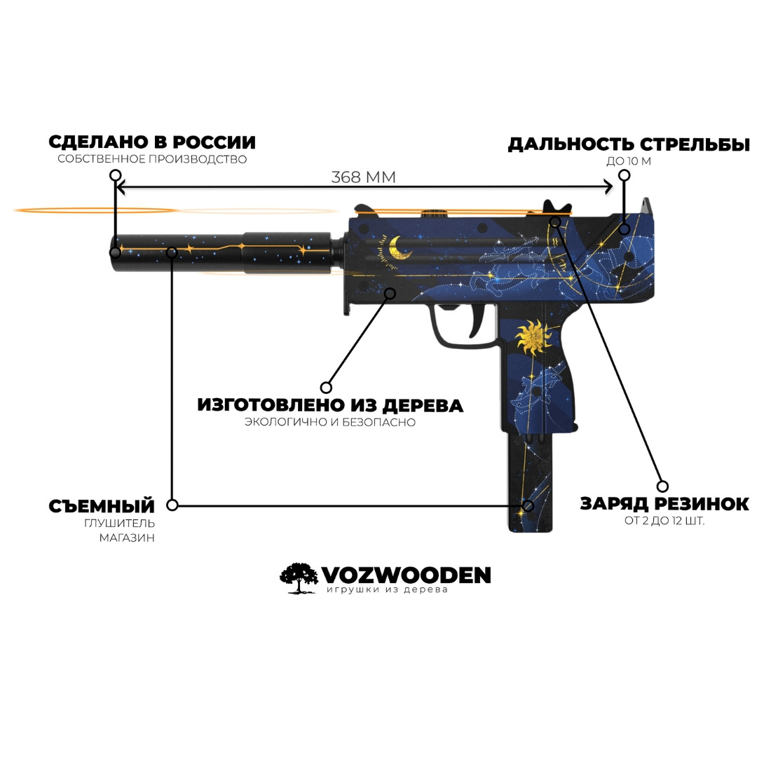 Деревянный пистолет-пулемет VozWooden Active Mac-10 Созвездие (Стандофф 2 резинкострел) - фото 7 - id-p211951620