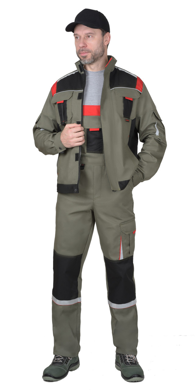 Костюм СИРИУС-СТАН куртка, п/к оливковый с черной и красной отделкой - фото 1 - id-p127417258