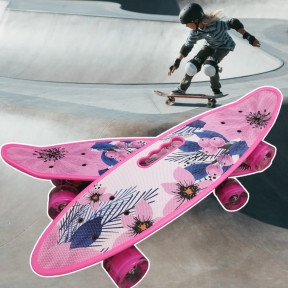 Скейт пенни Борд для детей 58x16см с ручкой для удобной переноски, светящиеся прозрачные колеса 55 мм Розовый - фото 1 - id-p181587706