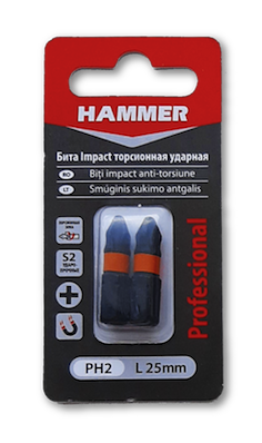 Бита Impact торсионная ударная PH2 25мм (комплект 2шт) Hammer 02610-002502