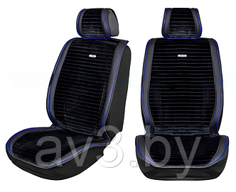 Накидки на передние сиденья Модель 12MC, Черный экокожа, черная велюровая вставка, синяя прострочка,