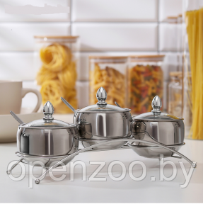 Набор для кухни из трех металлических банок с ложками и крышками для сервировки на подставке для сыпучих и - фото 1 - id-p212056822