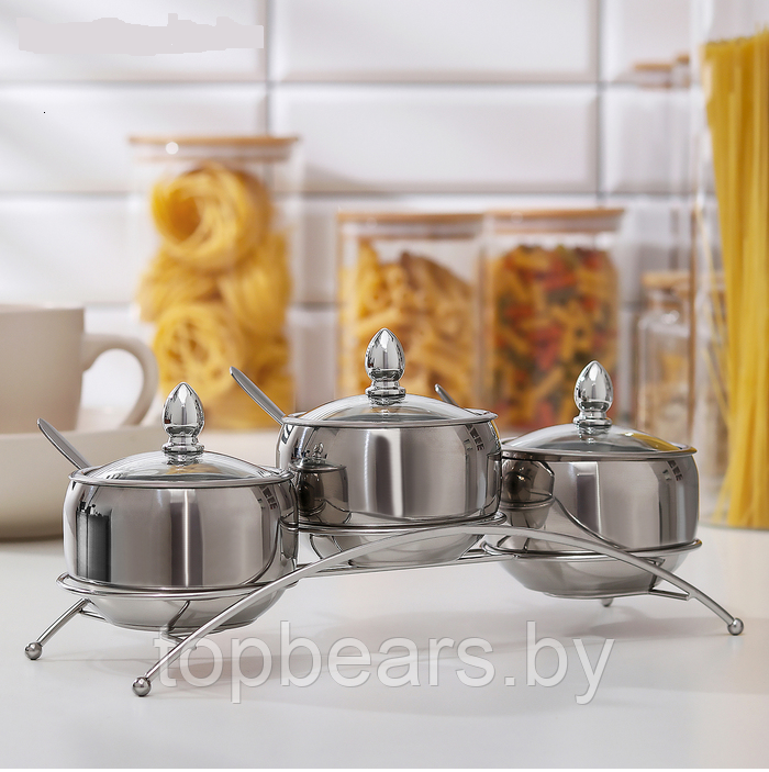 Набор для кухни из трех металлических банок с ложками и крышками для сервировки на подставке для сыпучих и - фото 10 - id-p212057065
