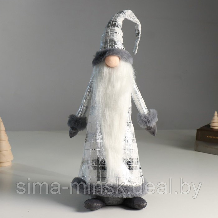 Кукла интерьерная "Дед Мороз в сером кафтане в клетку" с серебром 16х13х60 см - фото 1 - id-p212125046