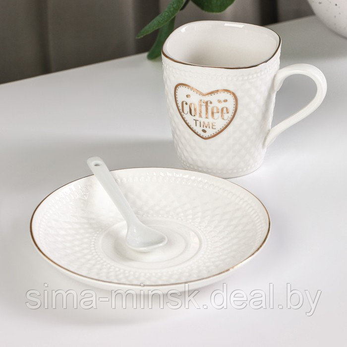 Кофейная пара керамическая с ложкой Coffee, 2 предмета: кружка 190 мл, блюдце, цвет белый - фото 2 - id-p212128723
