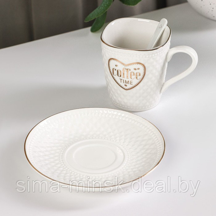 Кофейная пара керамическая с ложкой Coffee, 2 предмета: кружка 190 мл, блюдце, цвет белый - фото 3 - id-p212128723
