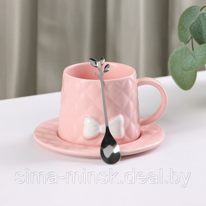 Чайная пара керамическая с ложкой «Бантик», 2 предмета: кружка 350 мл, блюдце d=15 см, цвет розовый - фото 2 - id-p212128725